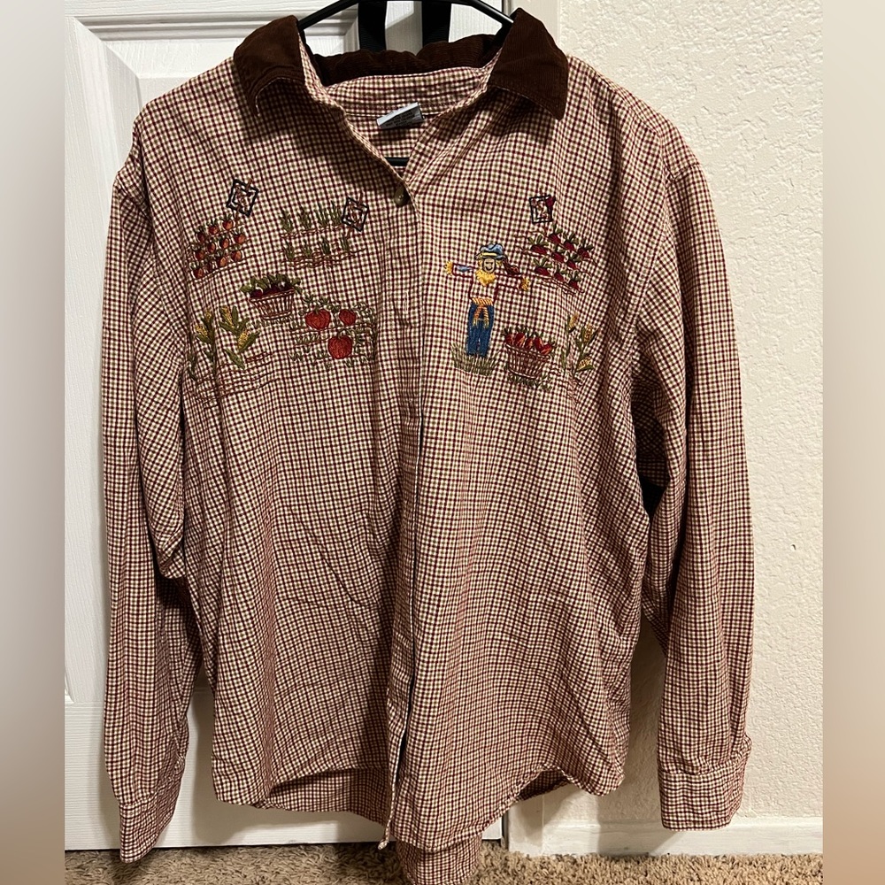 Brown gingham button up flannel with corduroy collar